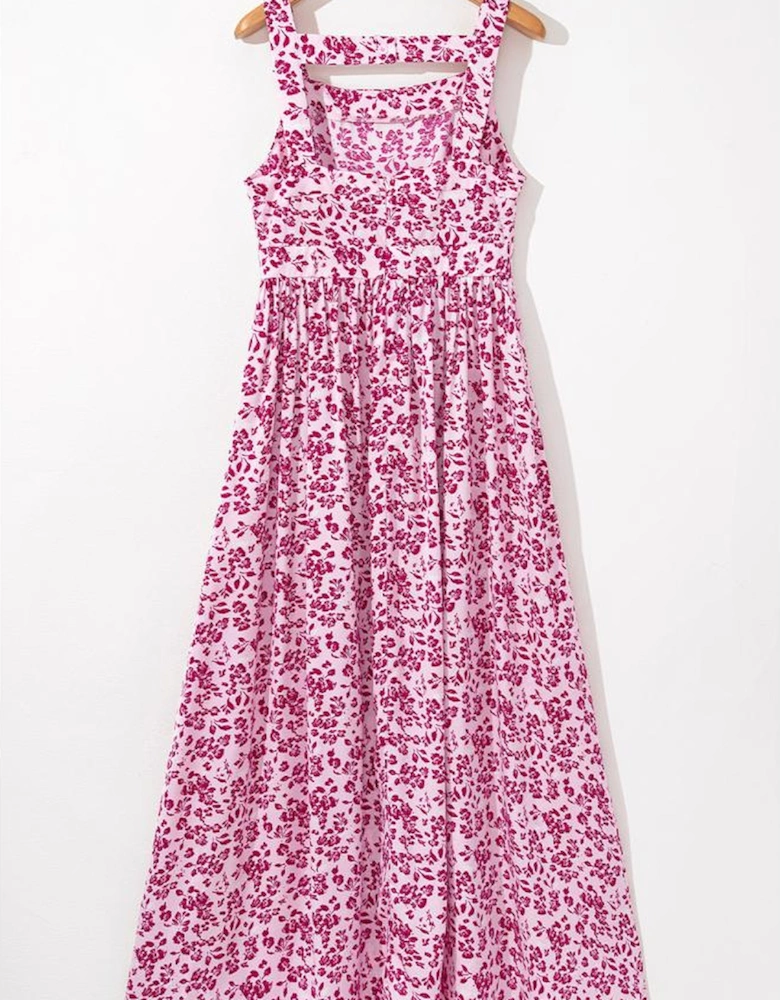 Pink Floral Cutout Back Empire Waist Sleeveless Maxi Dress