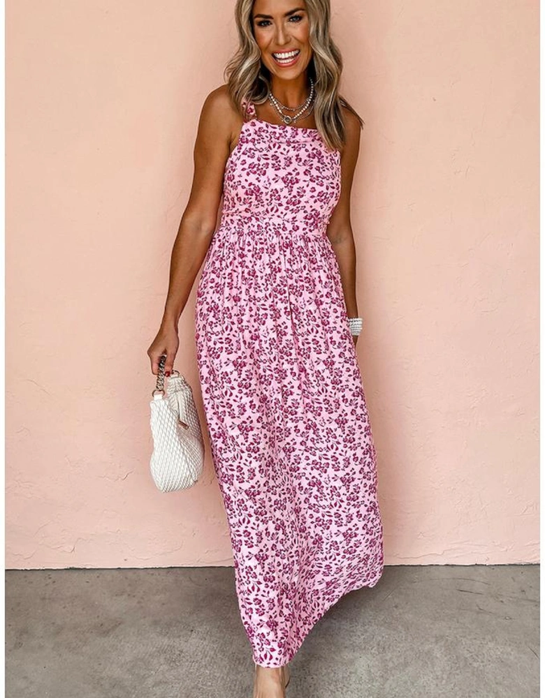 Pink Floral Cutout Back Empire Waist Sleeveless Maxi Dress