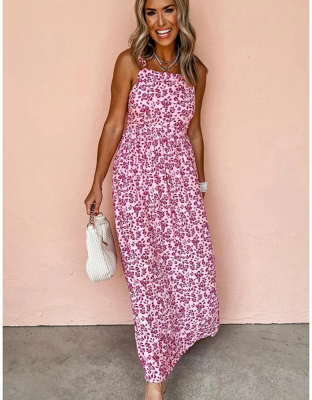 Pink Floral Cutout Back Empire Waist Sleeveless Maxi Dress