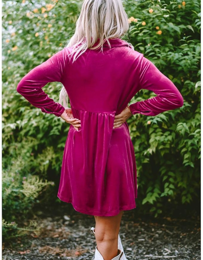 Rose Long Sleeve Ruffle Velvet Button Up Dress