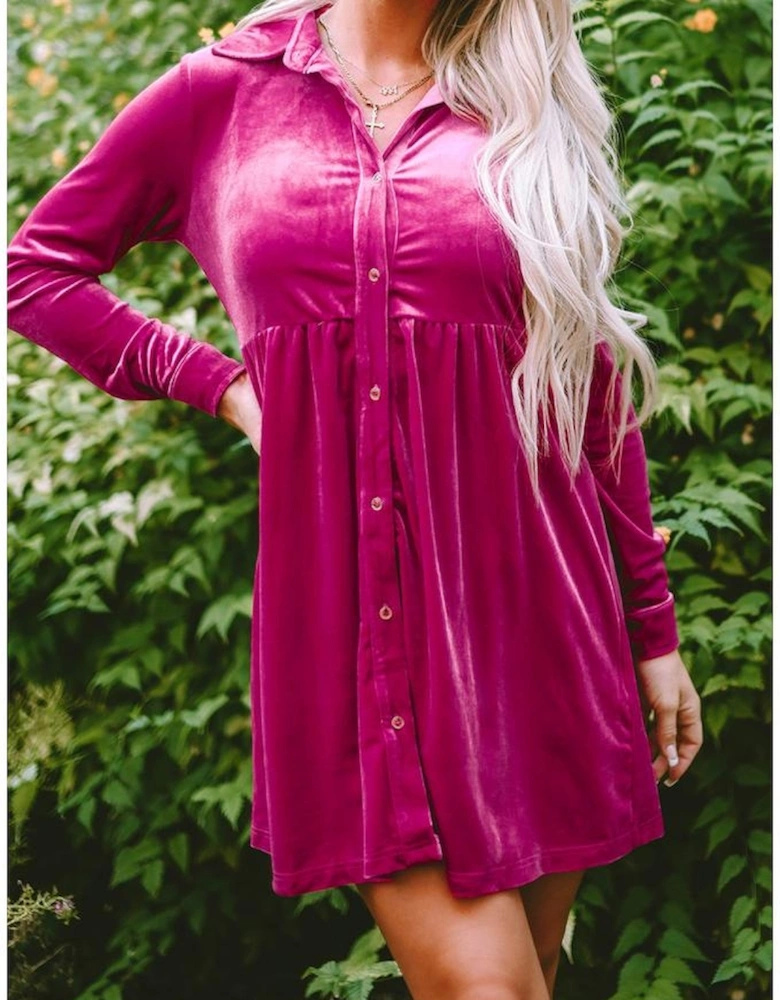 Rose Long Sleeve Ruffle Velvet Button Up Dress