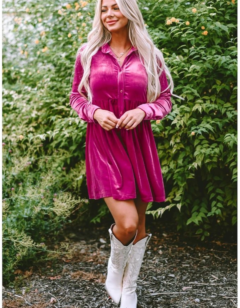 Rose Long Sleeve Ruffle Velvet Button Up Dress