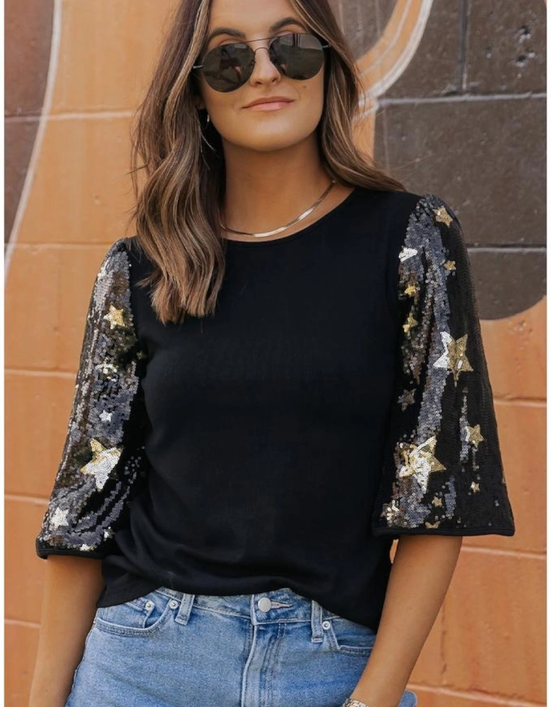 Black Star Sequin Splicing Half Sleeve Top