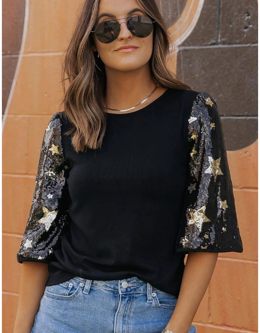 Black Star Sequin Splicing Half Sleeve Top