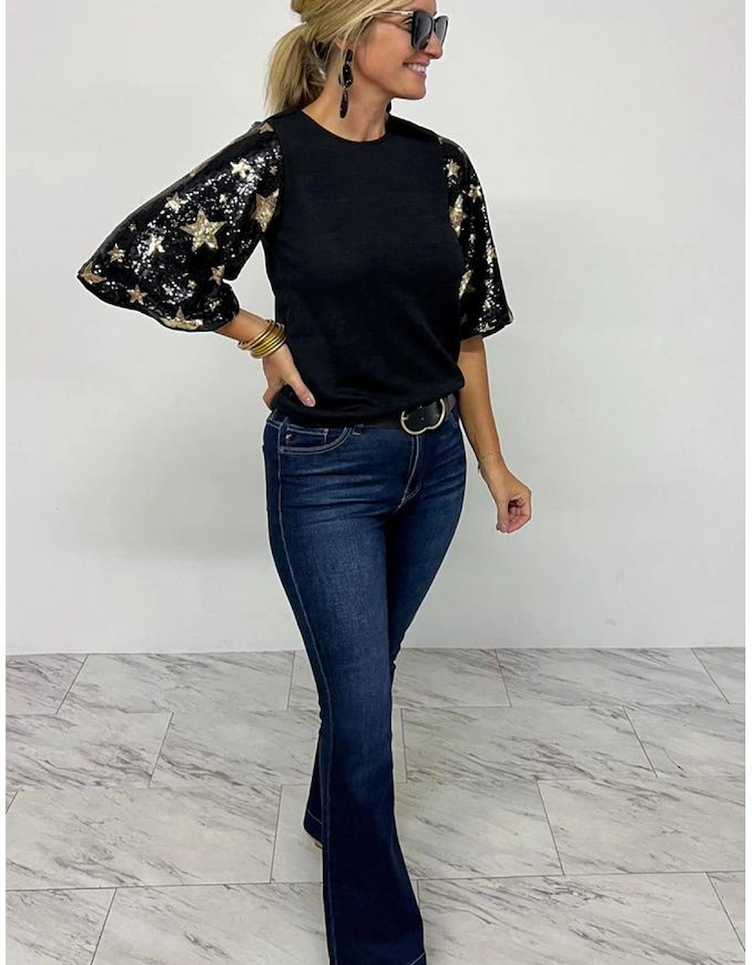 Black Star Sequin Splicing Half Sleeve Top