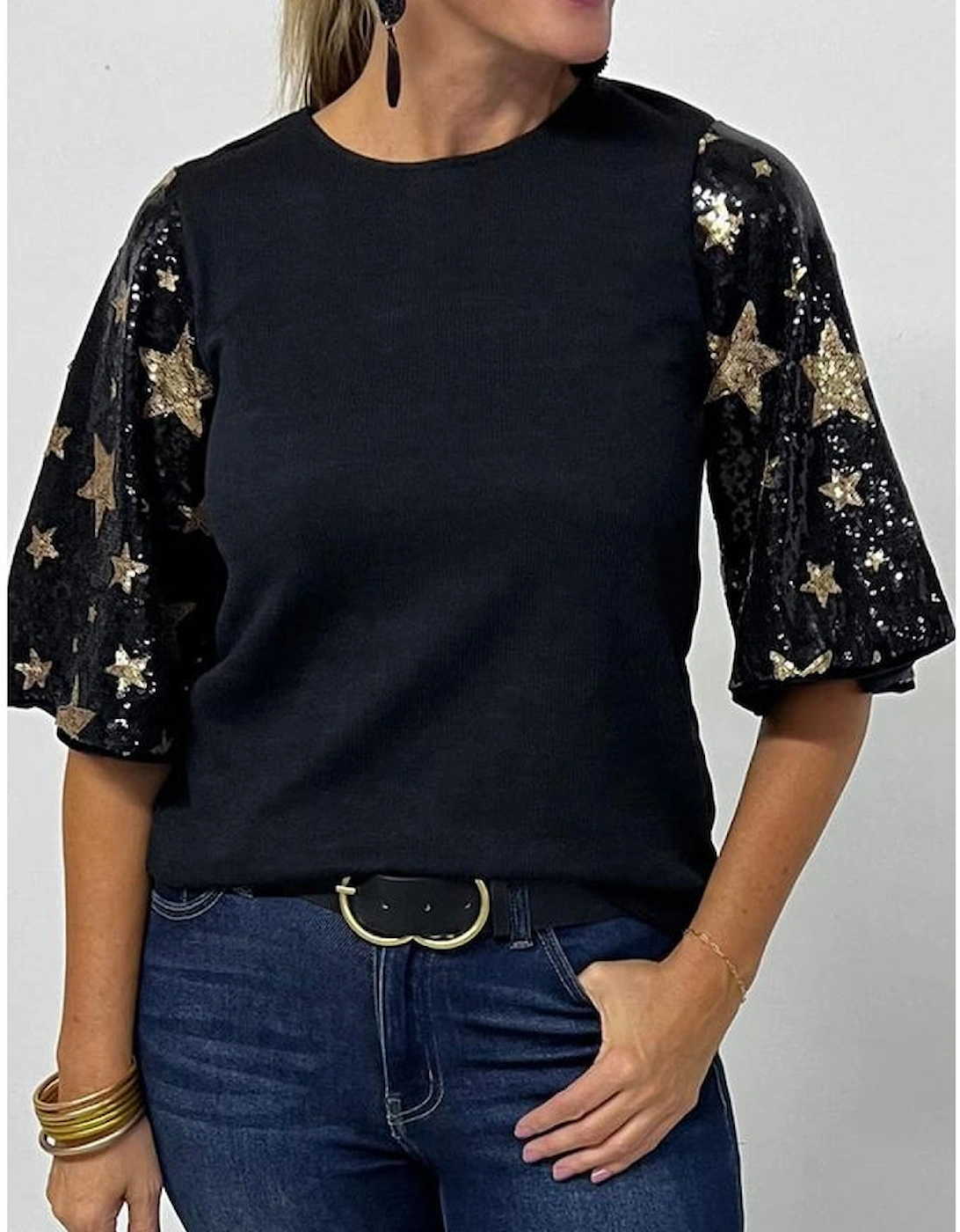 Black Star Sequin Splicing Half Sleeve Top