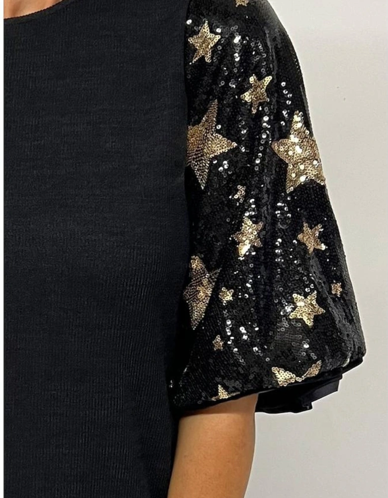 Black Star Sequin Splicing Half Sleeve Top