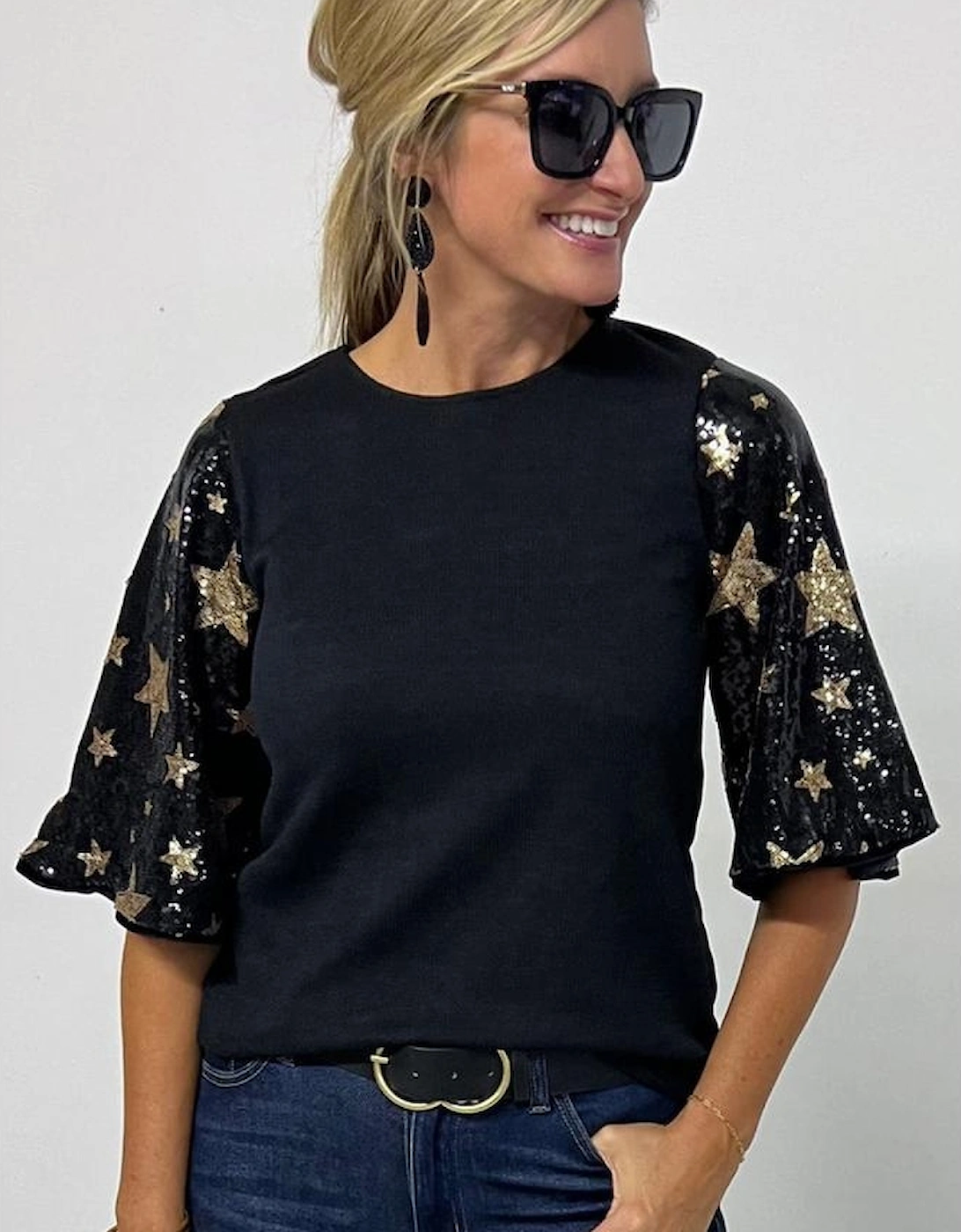 Black Star Sequin Splicing Half Sleeve Top, 10 of 9