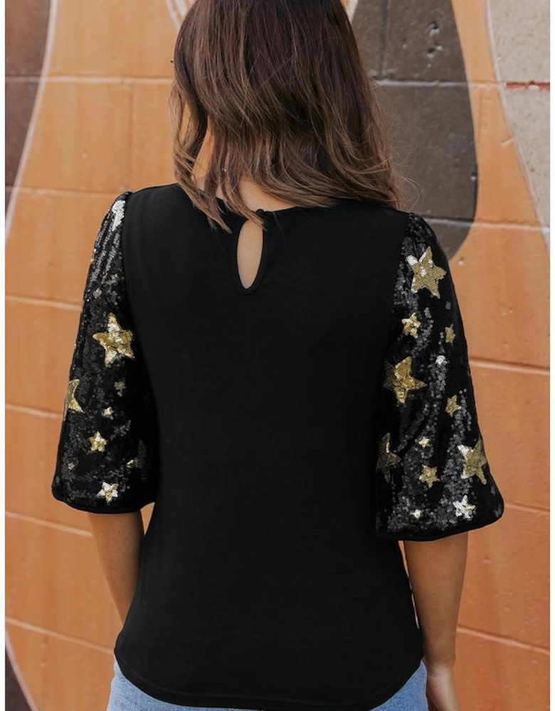Black Star Sequin Splicing Half Sleeve Top