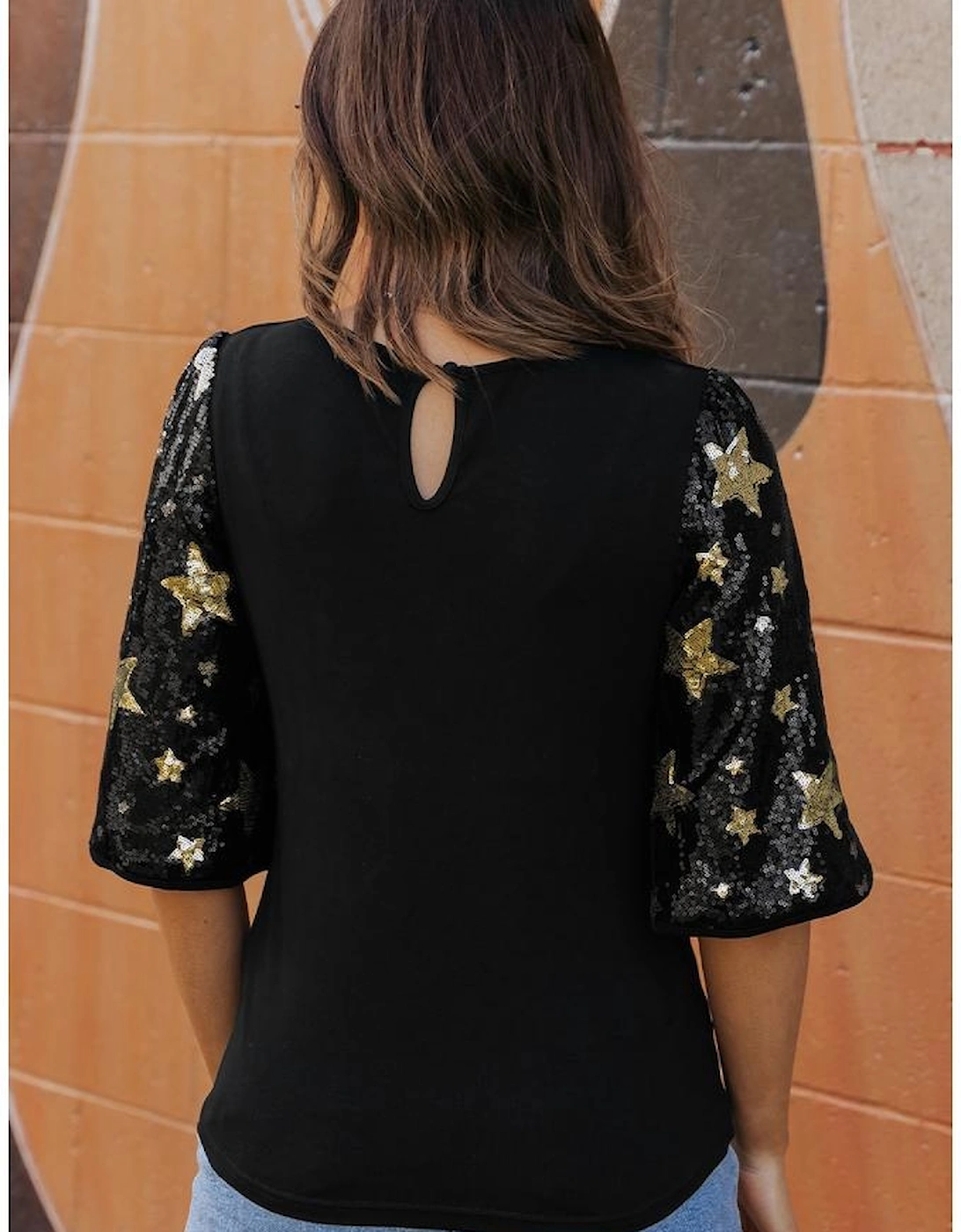 Black Star Sequin Splicing Half Sleeve Top