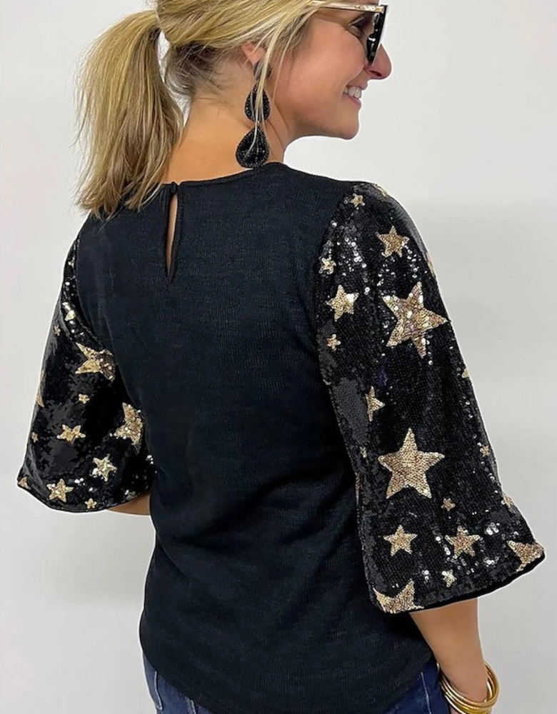 Black Star Sequin Splicing Half Sleeve Top