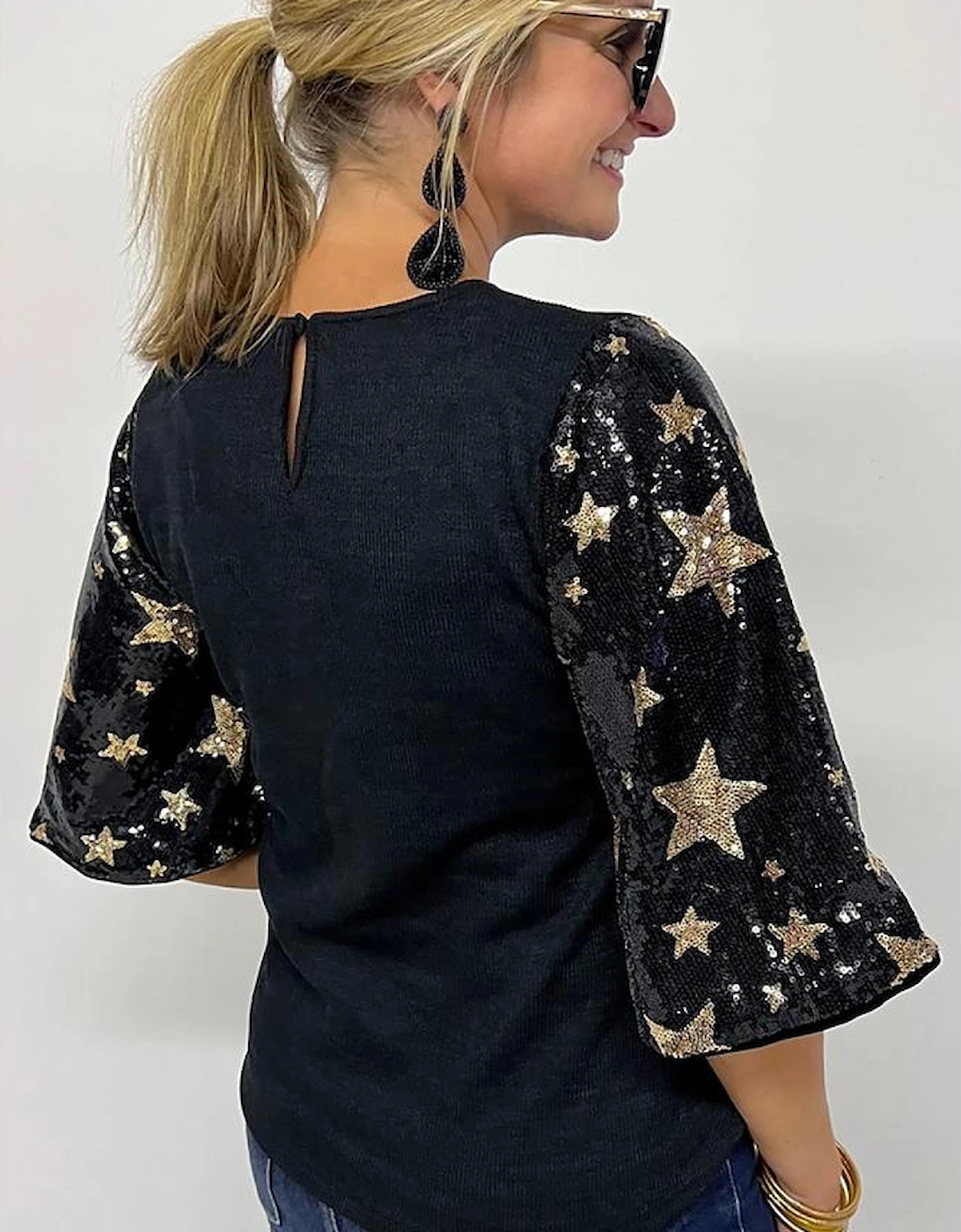 Black Star Sequin Splicing Half Sleeve Top