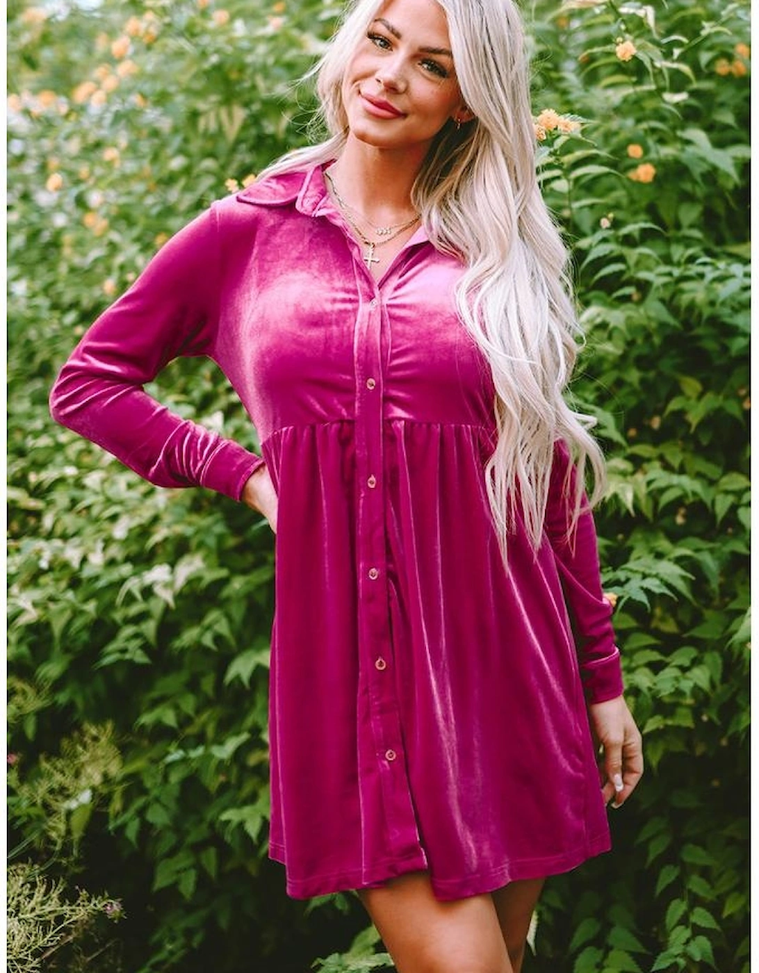Rose Long Sleeve Ruffle Velvet Button Up Dress