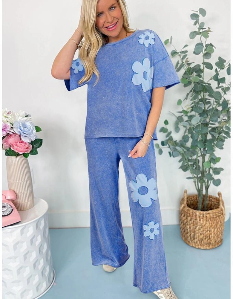 Lilac Floral Patch Exposed Seam Raw Edge Pants Set