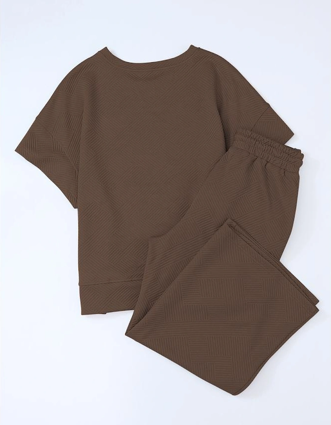 Brown Textured Loose Fit T Shirt and Drawstring Pants Set