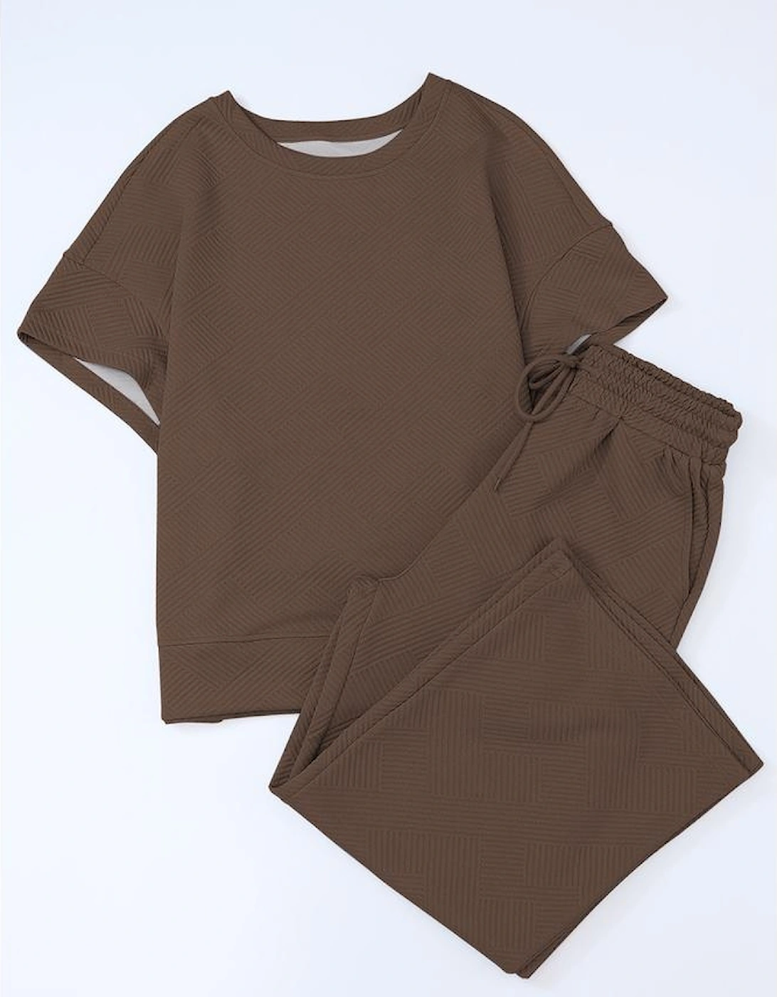 Brown Textured Loose Fit T Shirt and Drawstring Pants Set
