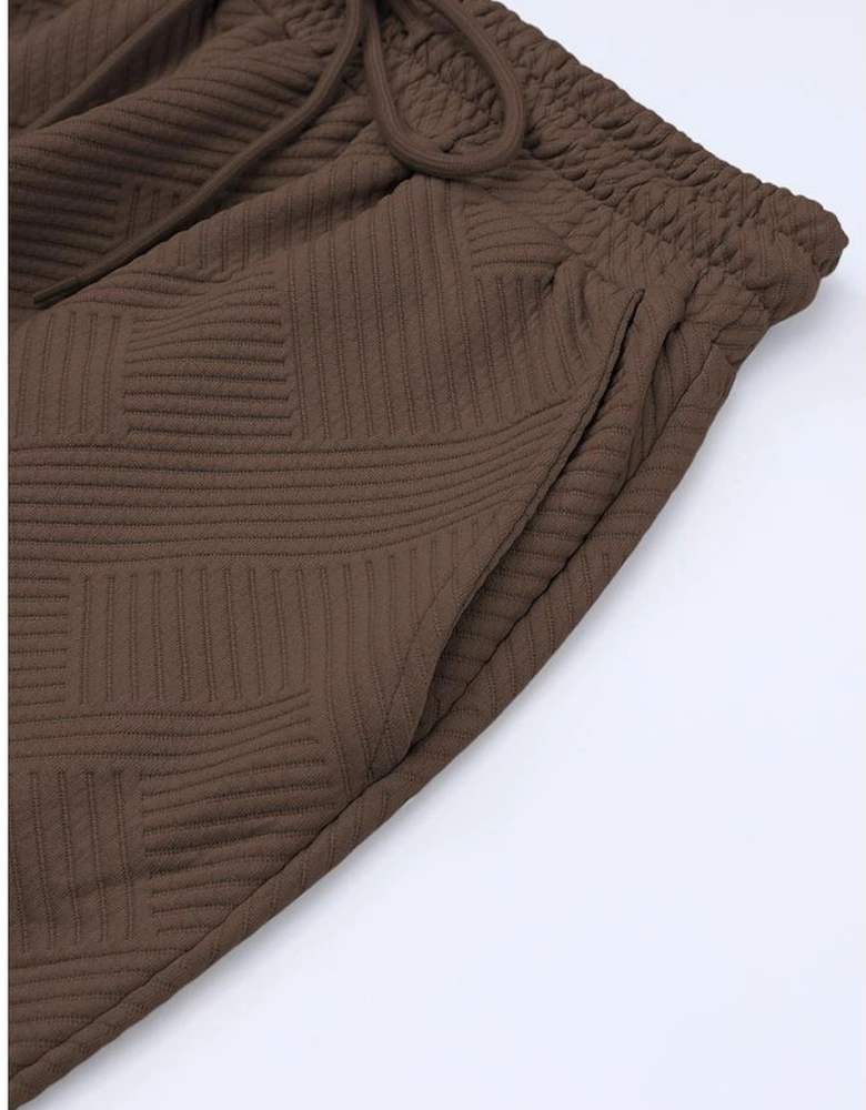 Brown Textured Loose Fit T Shirt and Drawstring Pants Set