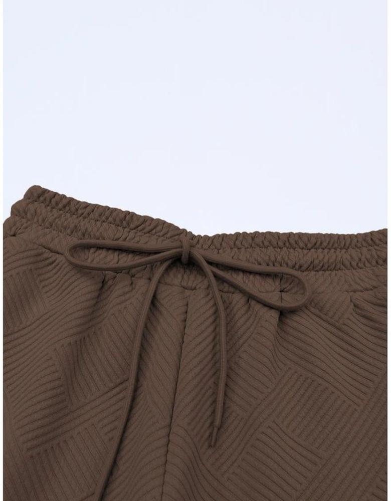 Brown Textured Loose Fit T Shirt and Drawstring Pants Set