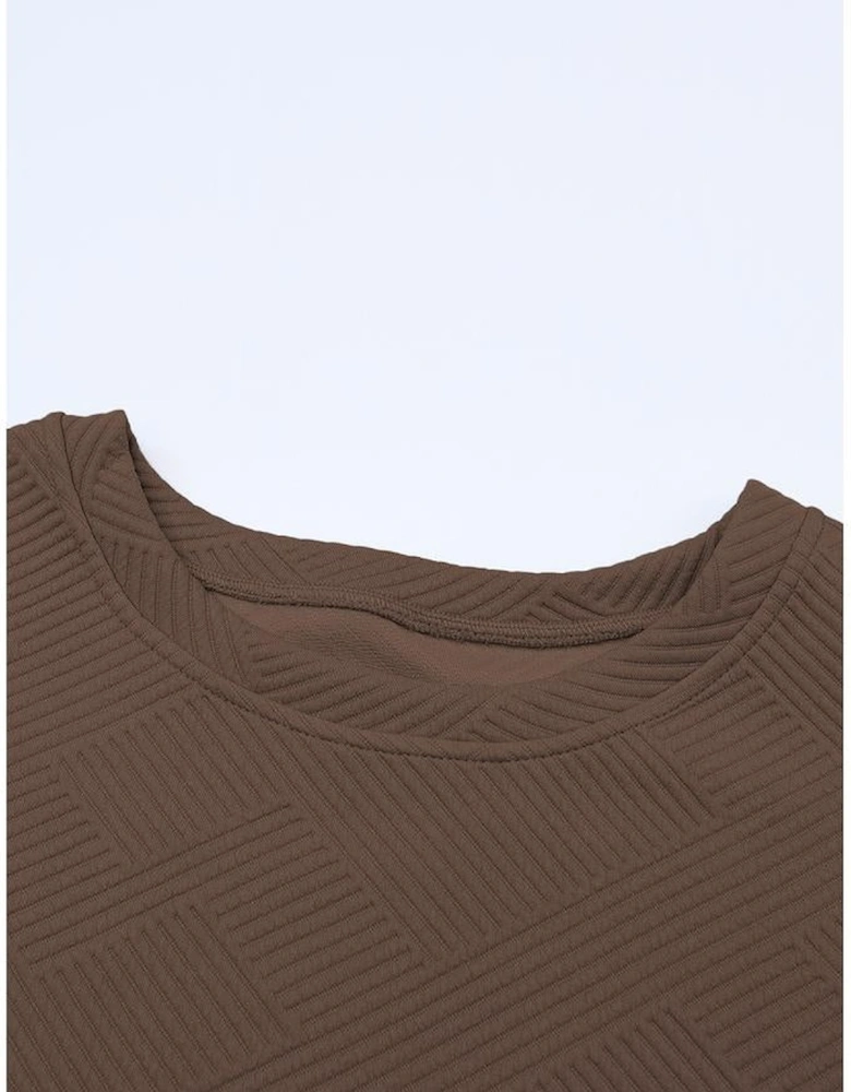 Brown Textured Loose Fit T Shirt and Drawstring Pants Set