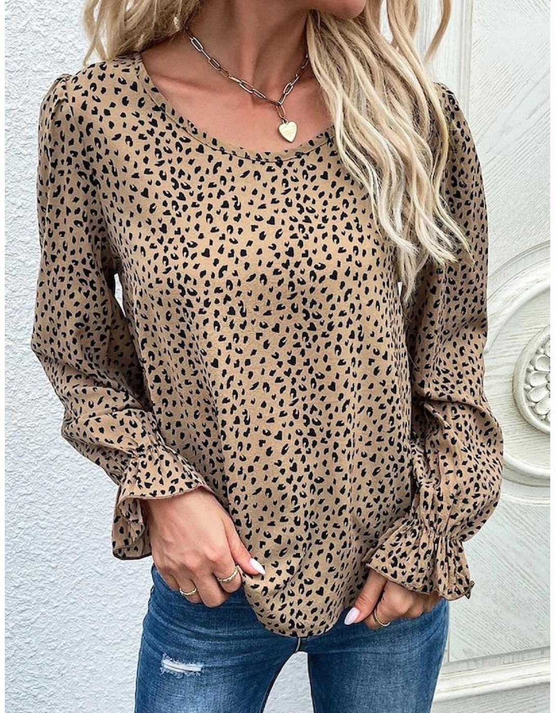 Azura Exchange Leopard Print Ruffle Puff Sleeves Blouse
