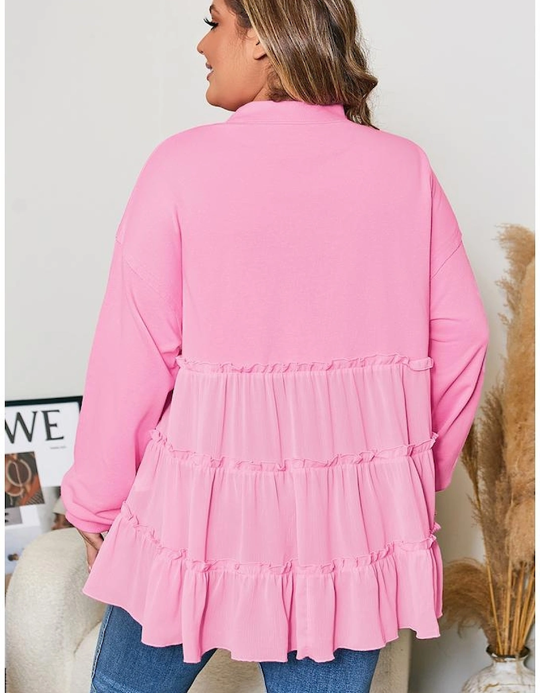 Pink Tiered Ruffle Ribbed Crew Neck Pullover Plus Size Top, 15 of 14