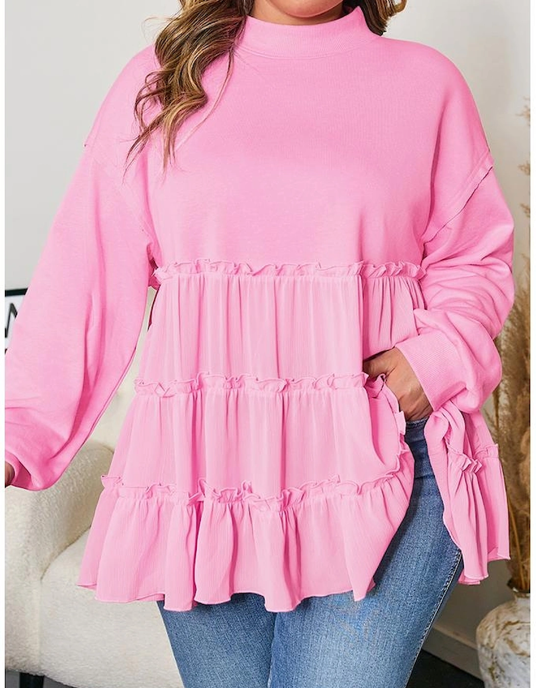 Pink Tiered Ruffle Ribbed Crew Neck Pullover Plus Size Top