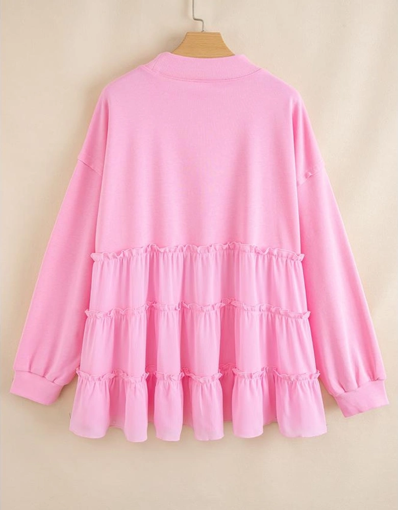 Pink Tiered Ruffle Ribbed Crew Neck Pullover Plus Size Top