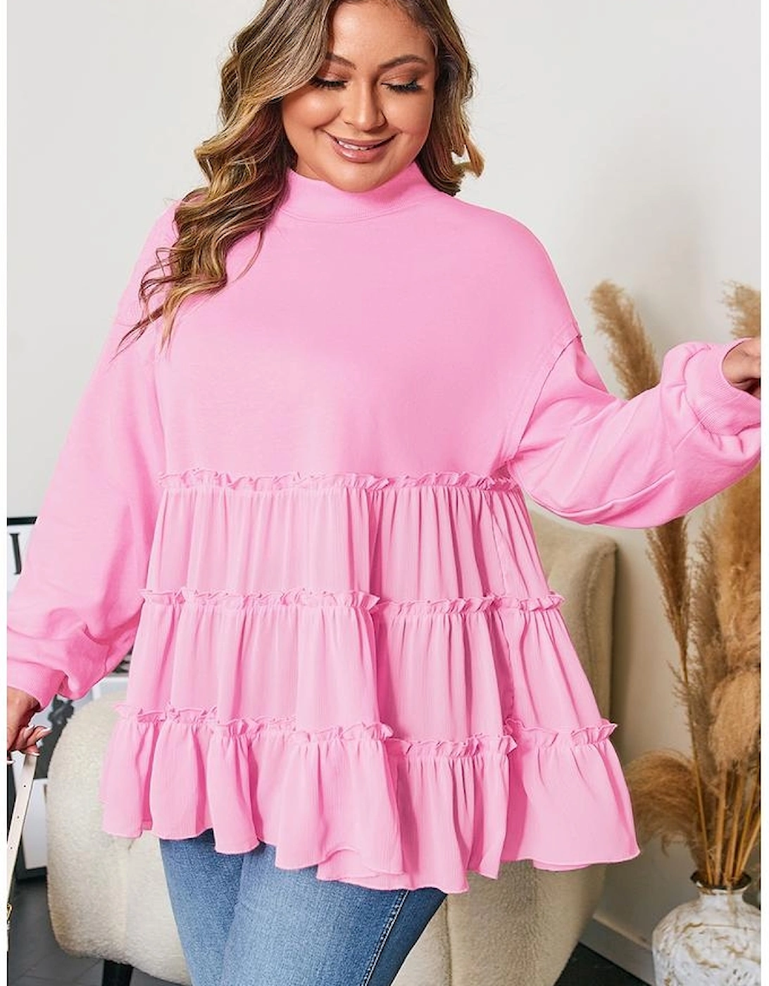 Pink Tiered Ruffle Ribbed Crew Neck Pullover Plus Size Top