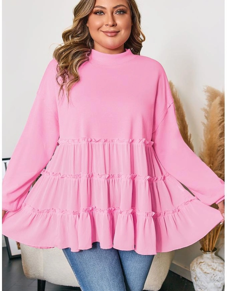 Pink Tiered Ruffle Ribbed Crew Neck Pullover Plus Size Top