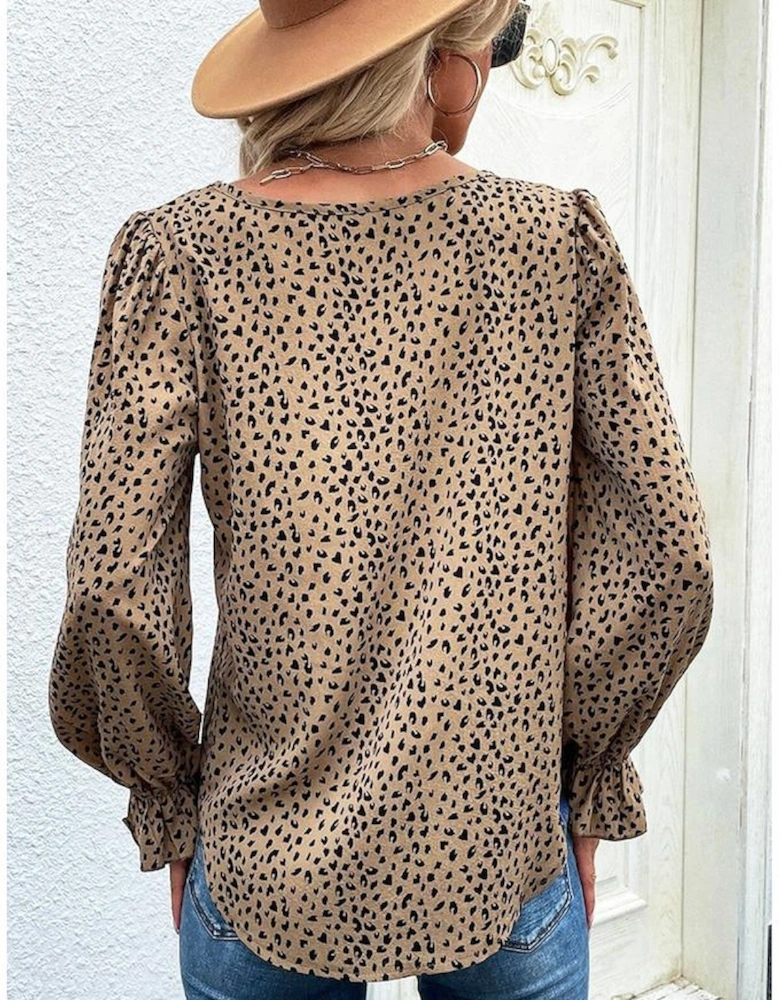 Azura Exchange Leopard Print Ruffle Puff Sleeves Blouse