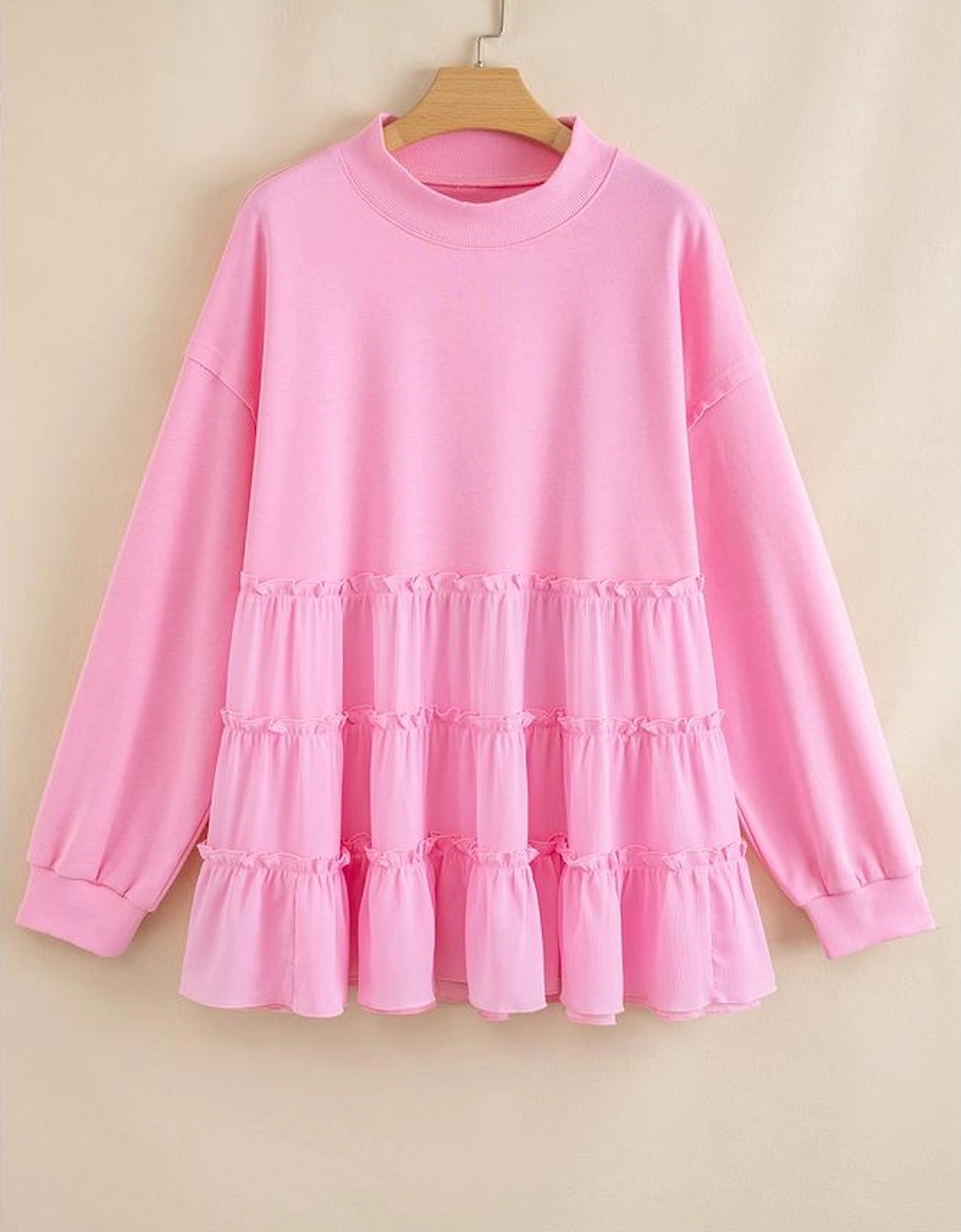 Pink Tiered Ruffle Ribbed Crew Neck Pullover Plus Size Top