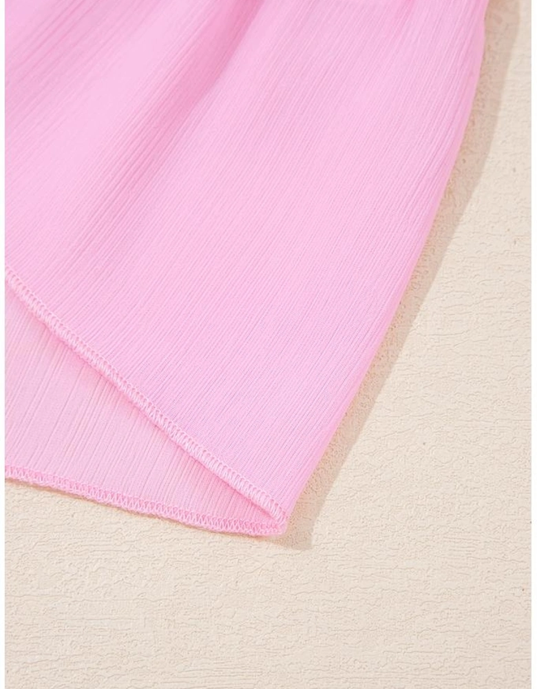 Pink Tiered Ruffle Ribbed Crew Neck Pullover Plus Size Top