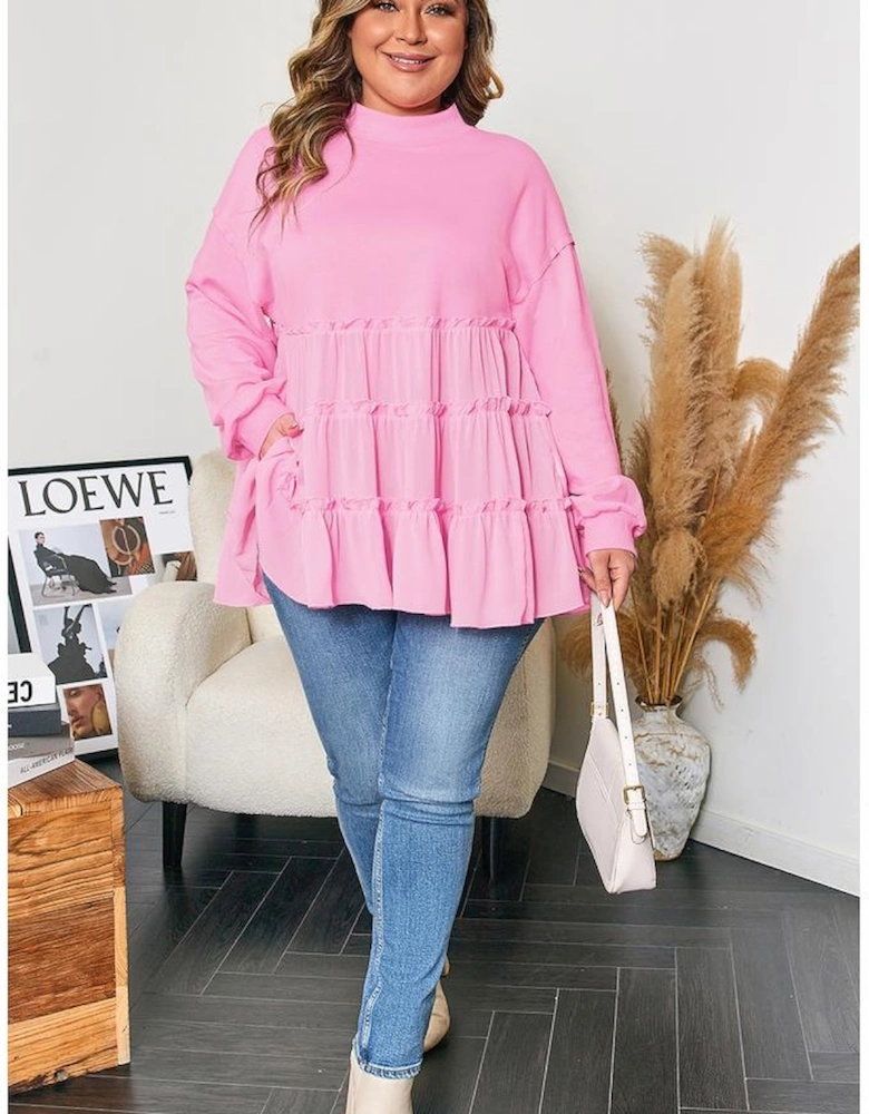Pink Tiered Ruffle Ribbed Crew Neck Pullover Plus Size Top