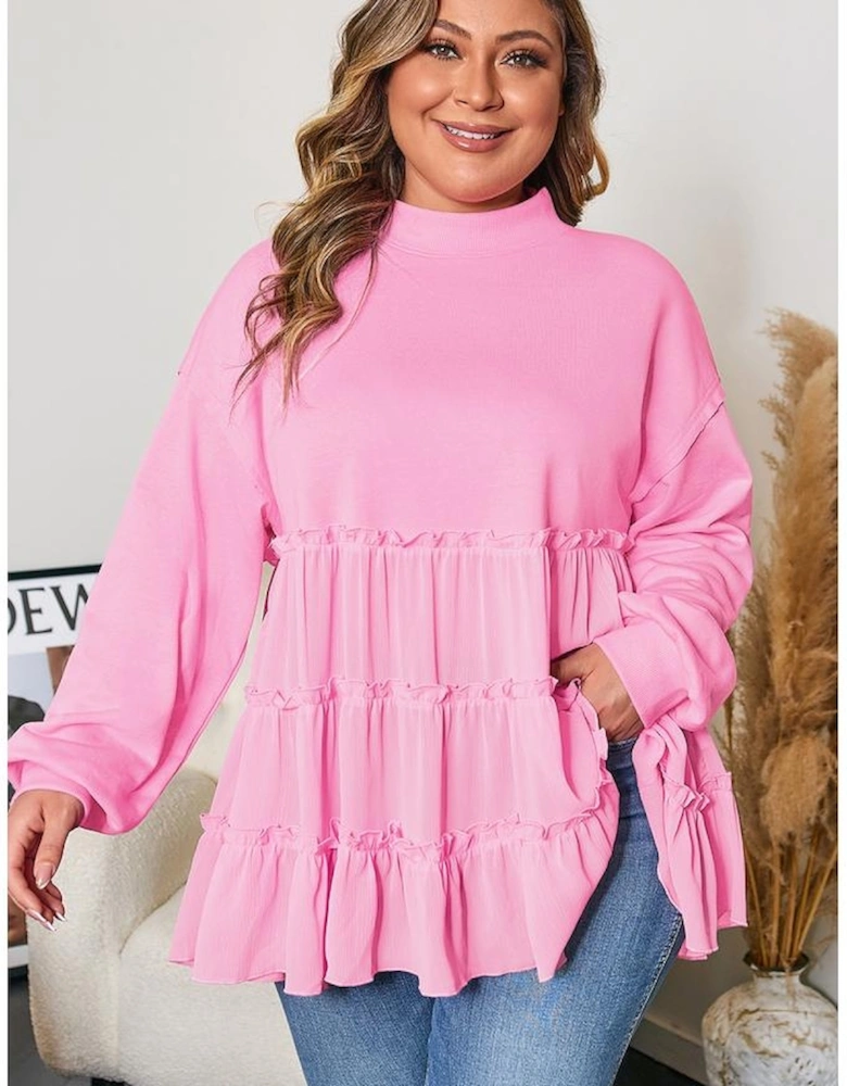 Pink Tiered Ruffle Ribbed Crew Neck Pullover Plus Size Top