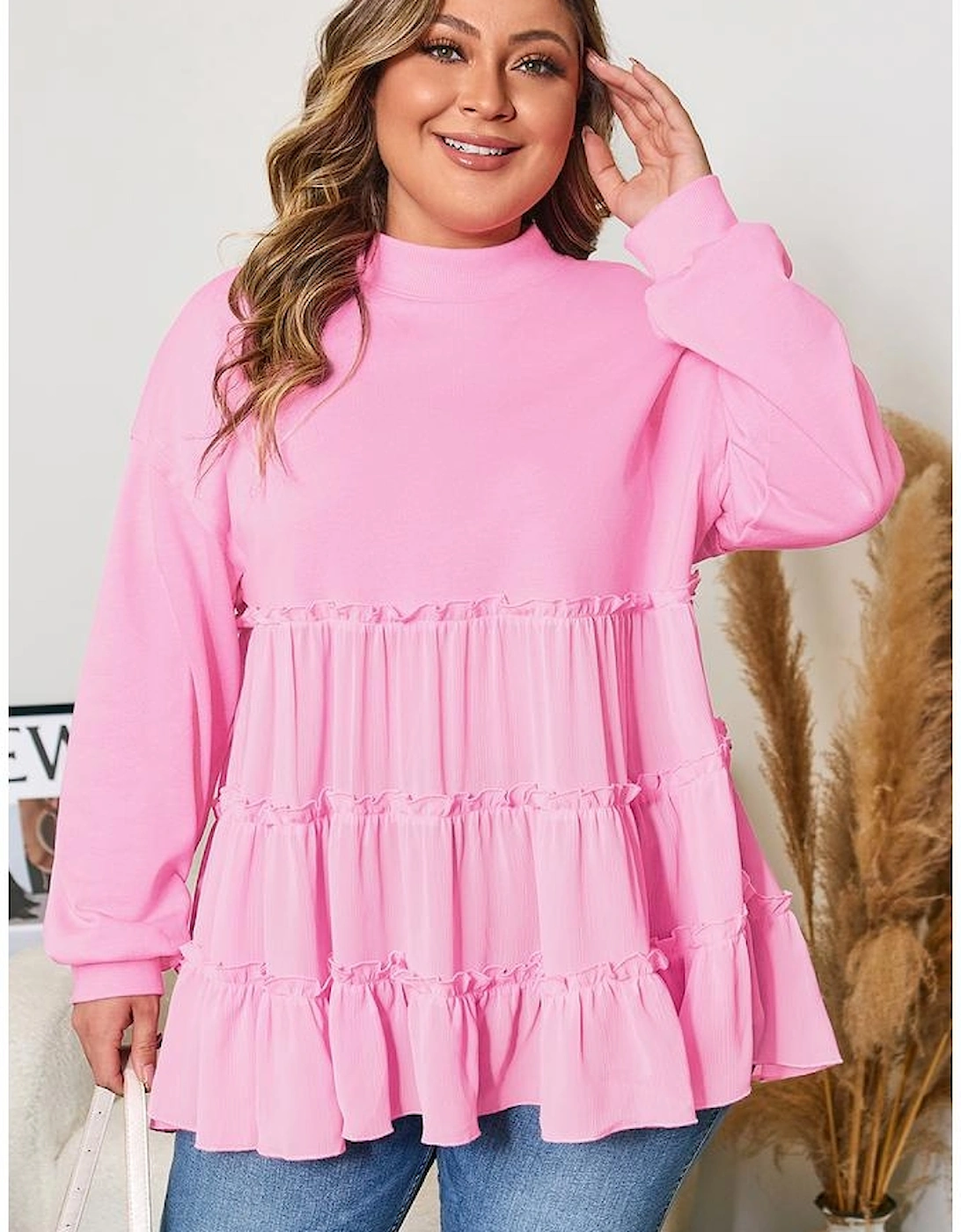 Pink Tiered Ruffle Ribbed Crew Neck Pullover Plus Size Top