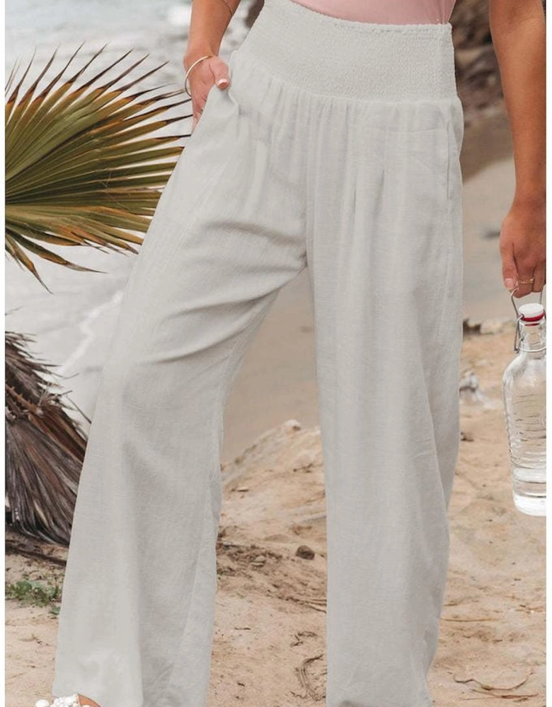 Azura Exchange White Smocked Wide Waistband High Waist Wide Leg Pants