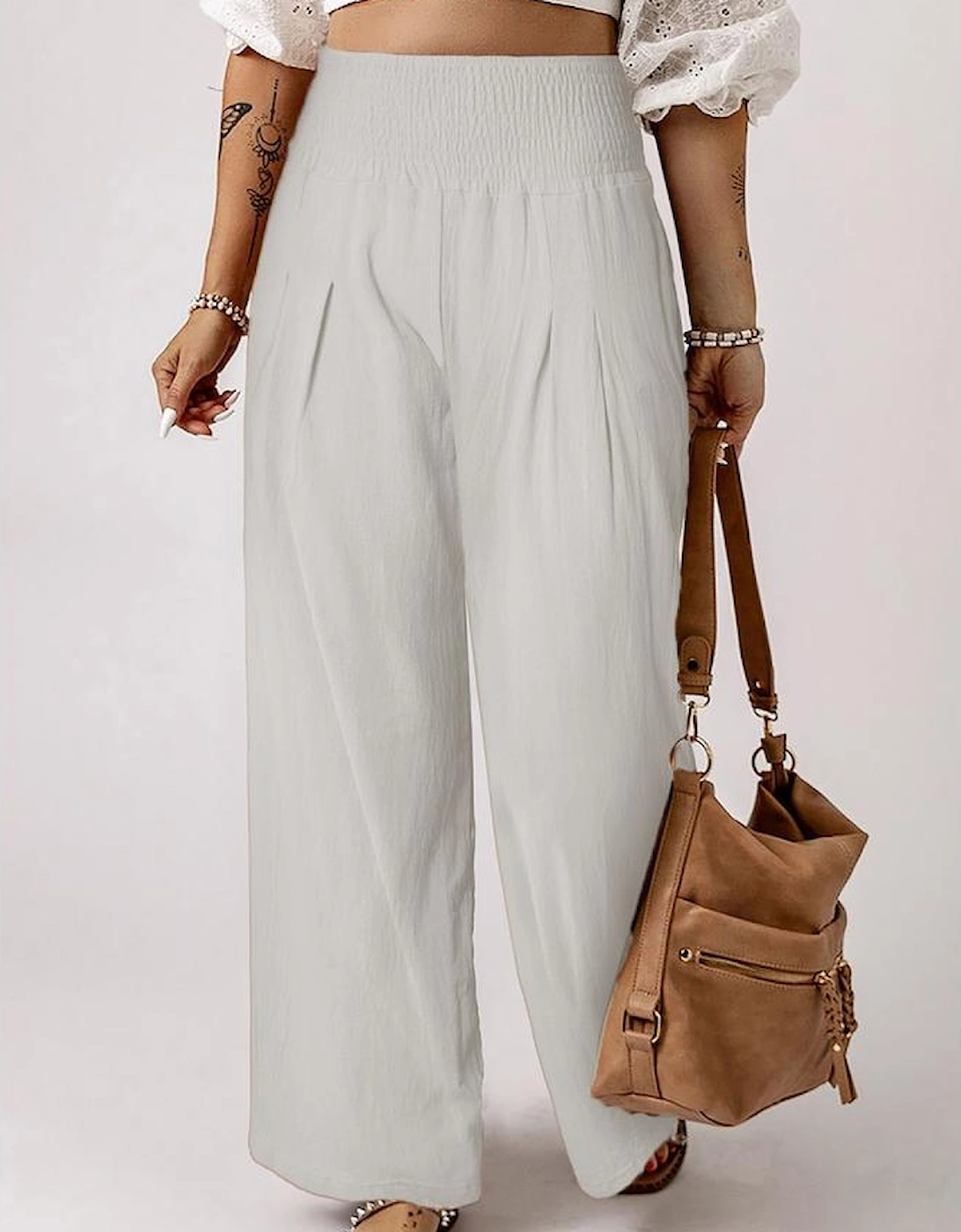 Azura Exchange White Smocked Wide Waistband High Waist Wide Leg Pants