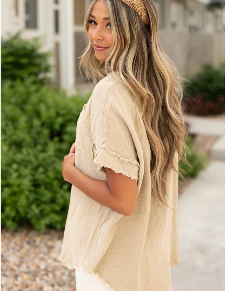 Parchment Crinkle Textured Frayed Trim Half Button Short Sleeve Top