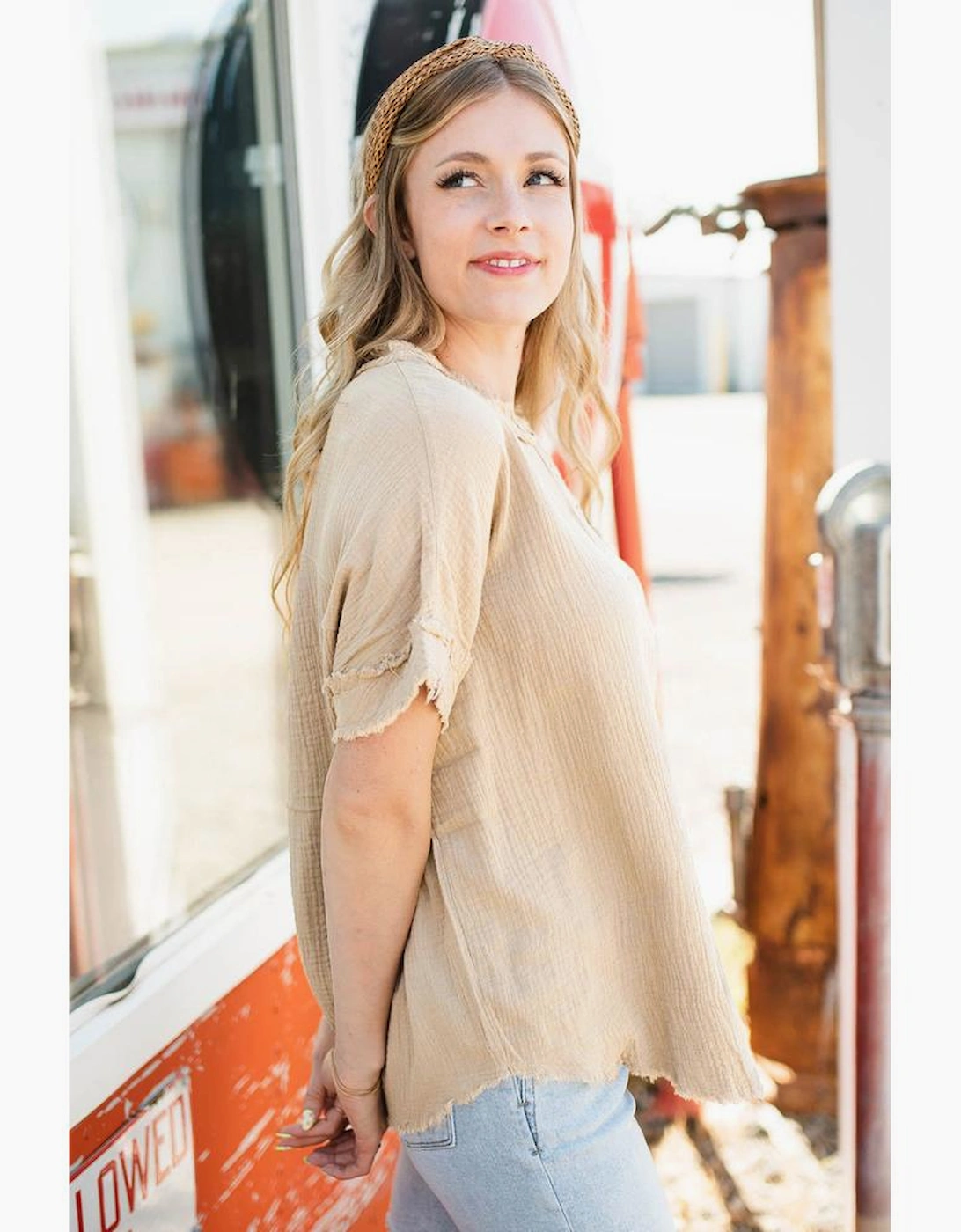 Parchment Crinkle Textured Frayed Trim Half Button Short Sleeve Top