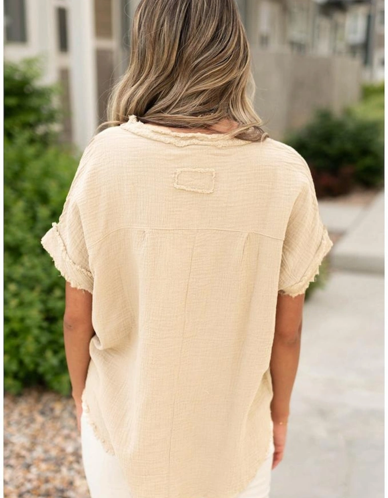 Parchment Crinkle Textured Frayed Trim Half Button Short Sleeve Top