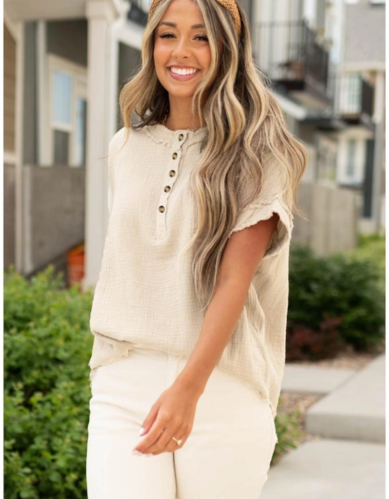 Parchment Crinkle Textured Frayed Trim Half Button Short Sleeve Top