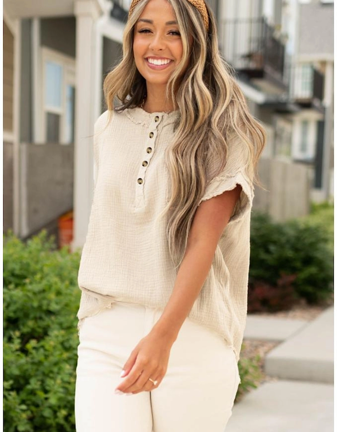 Parchment Crinkle Textured Frayed Trim Half Button Short Sleeve Top