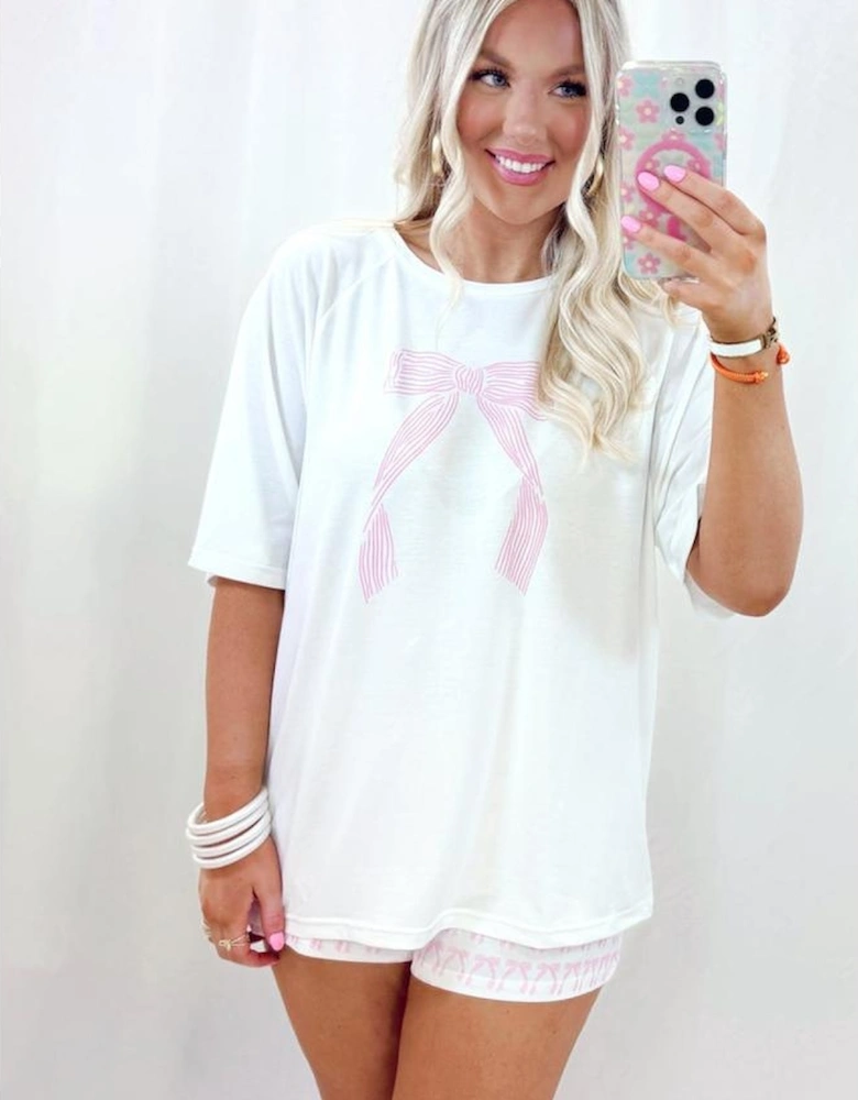 Pink Bow Knot Print Loose Fit Two Piece Casual Lounge Set