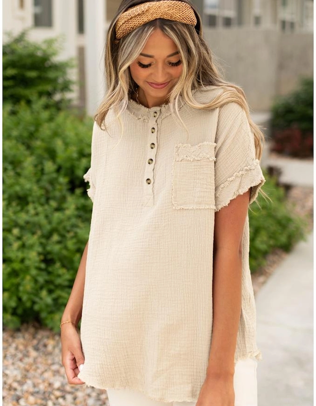 Parchment Crinkle Textured Frayed Trim Half Button Short Sleeve Top