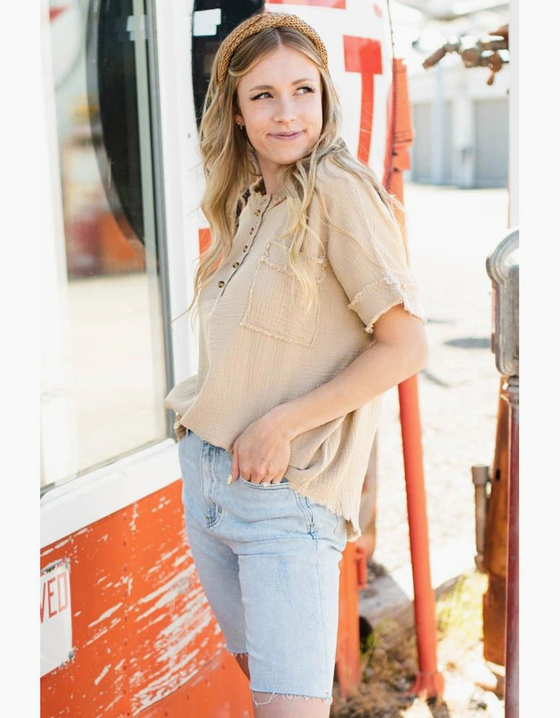 Parchment Crinkle Textured Frayed Trim Half Button Short Sleeve Top