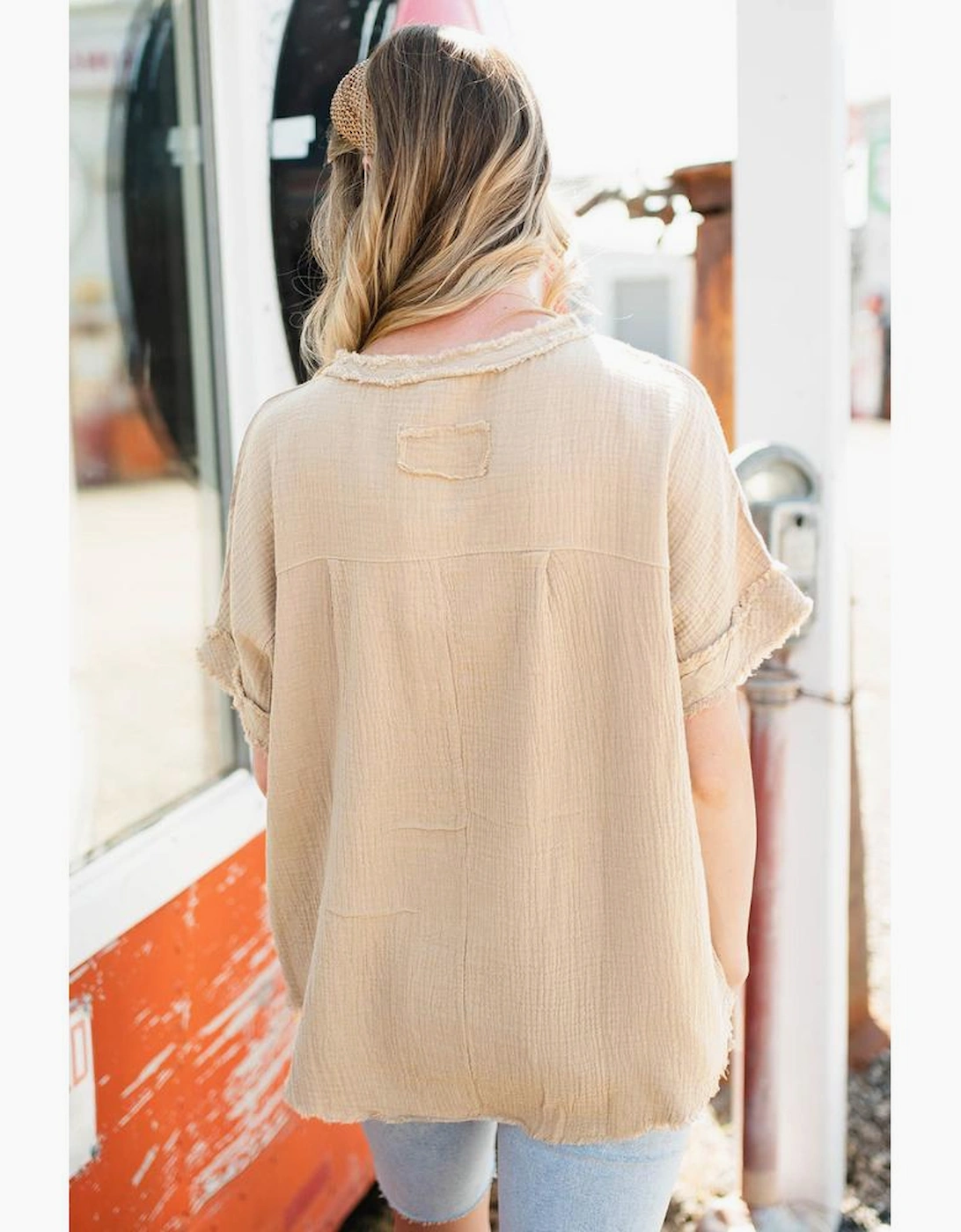 Parchment Crinkle Textured Frayed Trim Half Button Short Sleeve Top