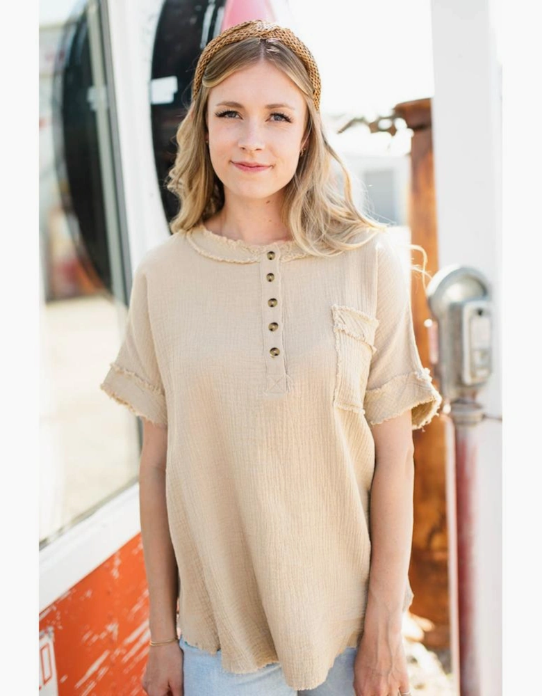 Parchment Crinkle Textured Frayed Trim Half Button Short Sleeve Top