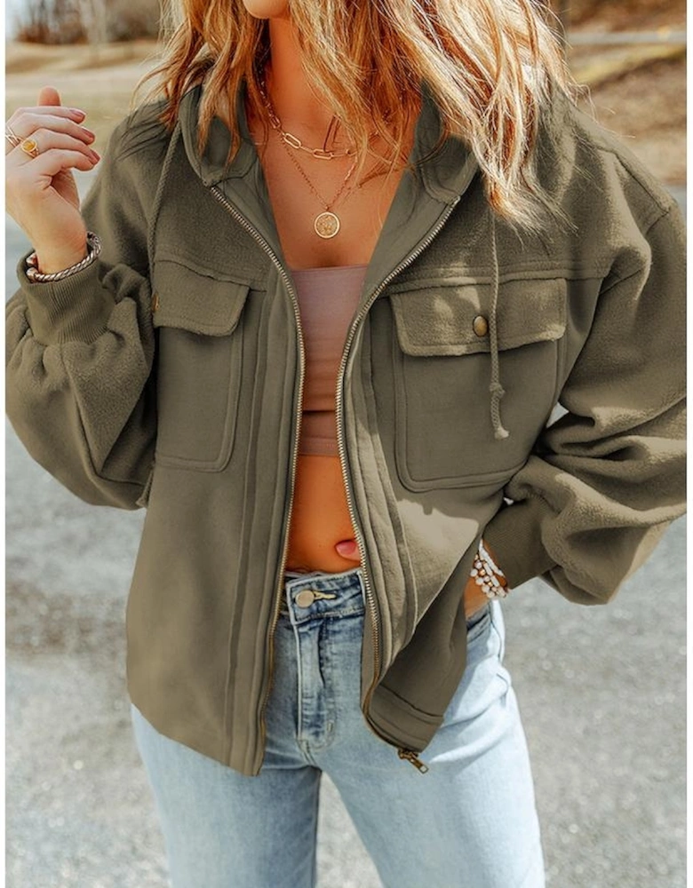 Green Flap Pocket Drawstring Hood Zip Up Jacket