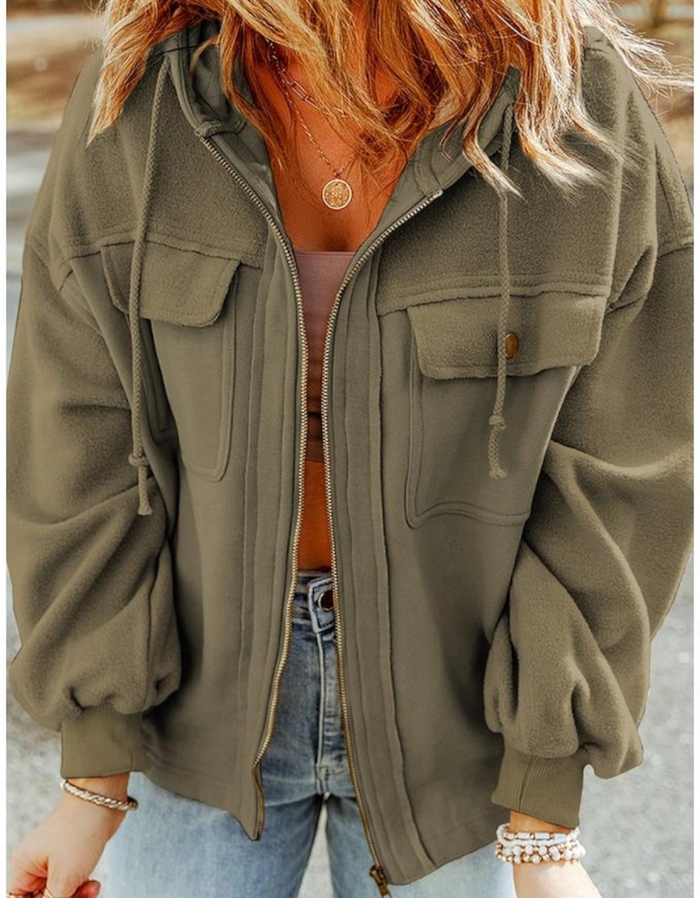 Green Flap Pocket Drawstring Hood Zip Up Jacket