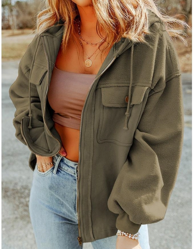 Green Flap Pocket Drawstring Hood Zip Up Jacket